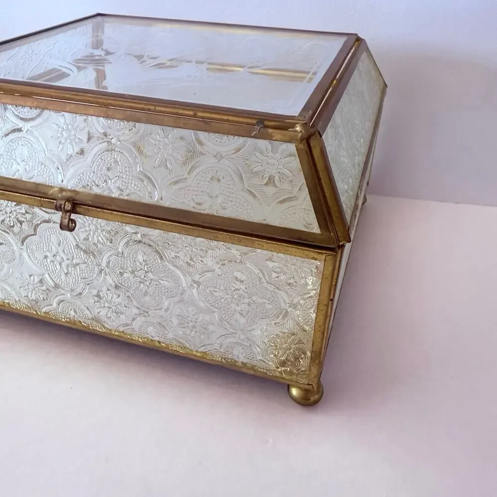 Vintage Brass Glass Box Mirror Floral Textured Side Footed Chain Latch 7 x 6 x 4